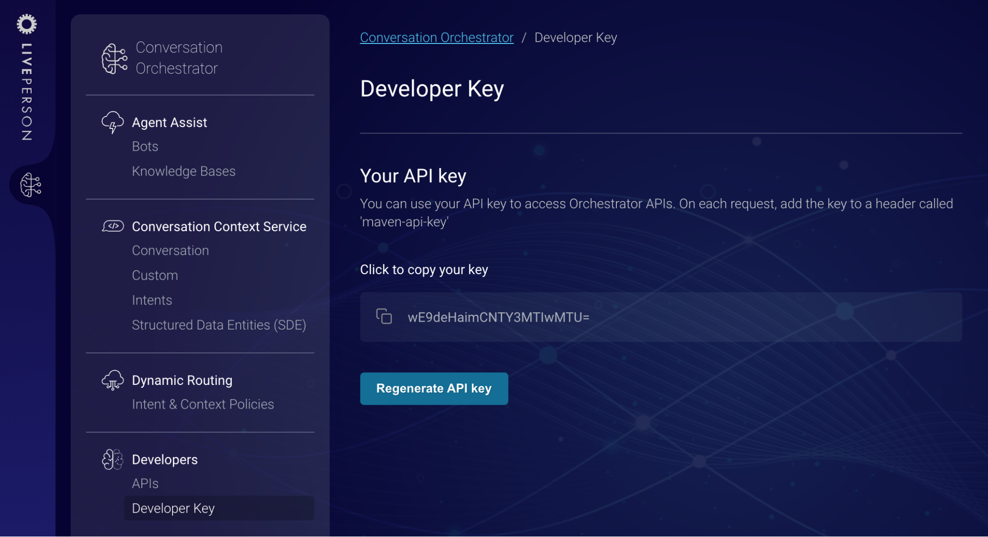 The Developer Key page where you can copy your API key