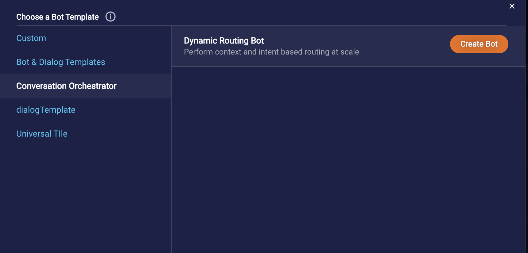Selecting the Dynamic Routing Bot template and clicking ‘Create Bot’