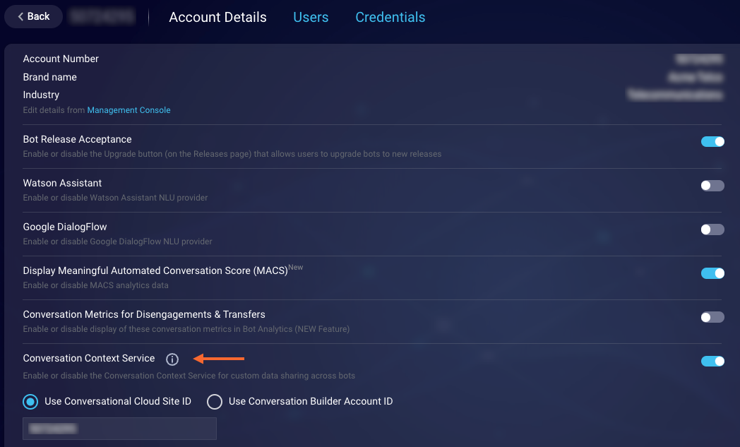 The Conversation Context Service setting in Bot Accounts