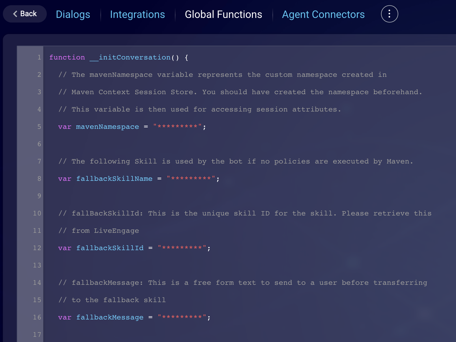 The Global Functions page with a list of fields to edit
