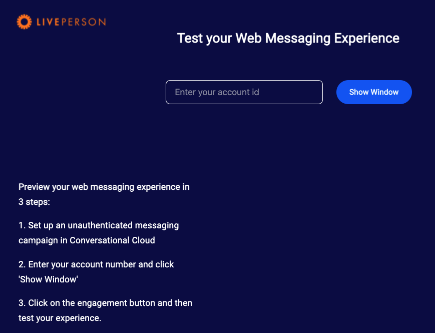 The page on which you can test the experience in Web messaging