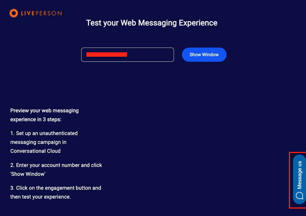 The engagement as it appears on the page on which you can test the experience in Web messaging