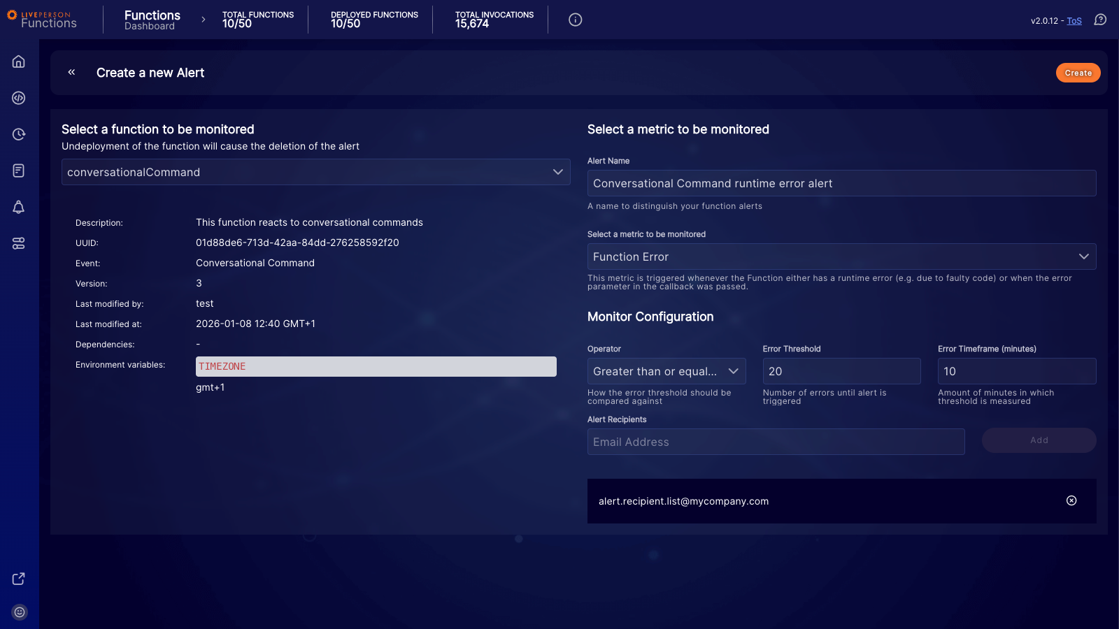 Functions: Creating a new alert