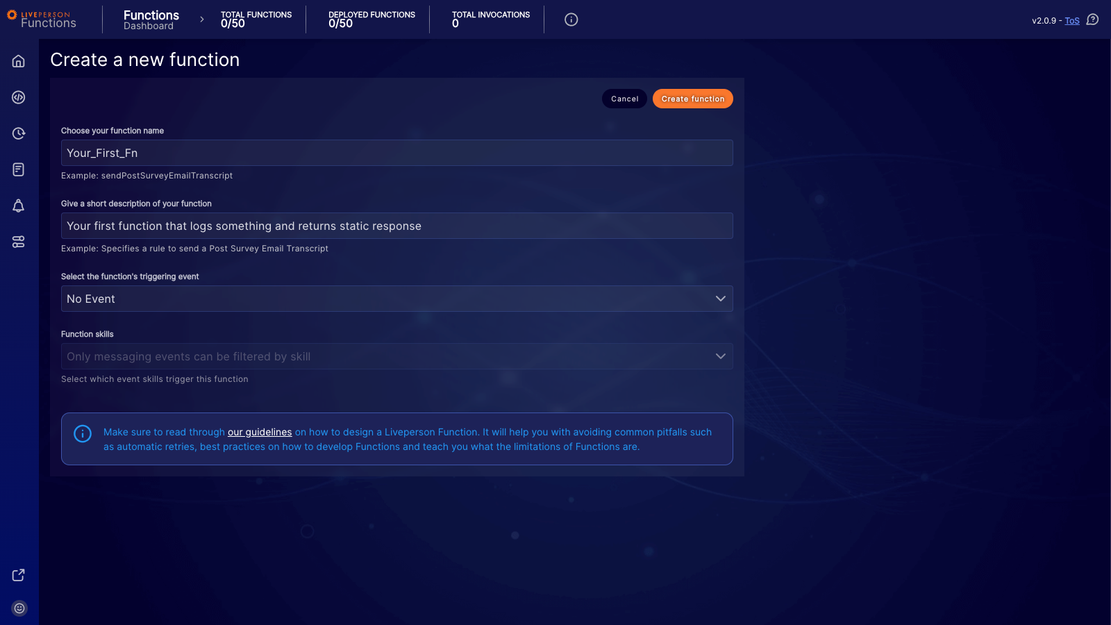Functions: Filled out Function Creation Form