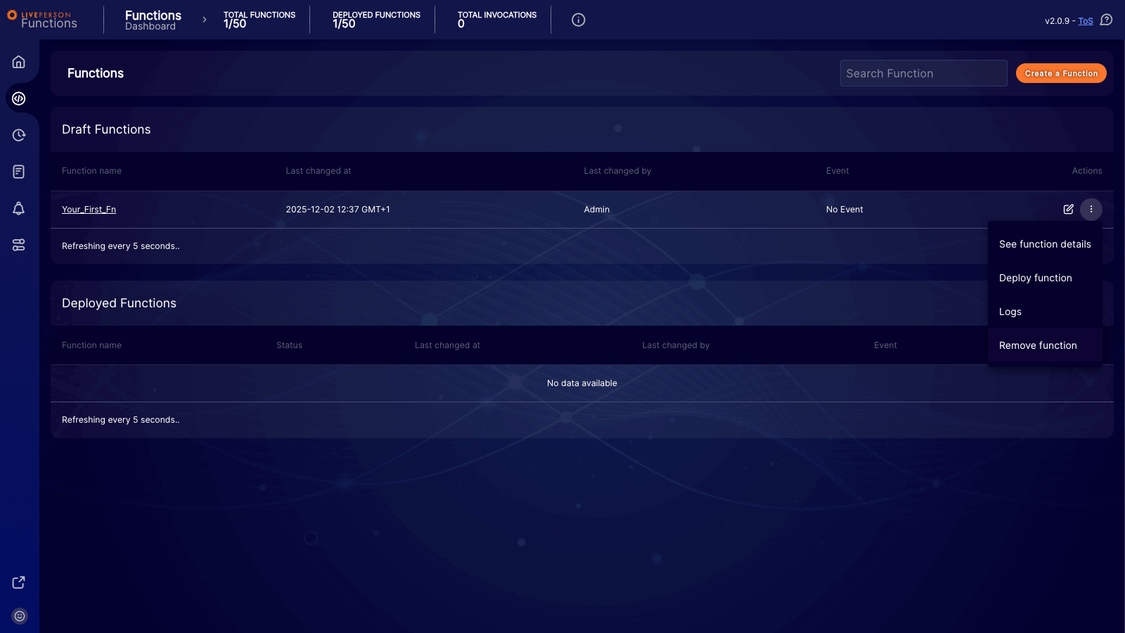 Functions: Selecting the remove function option from the actions menu