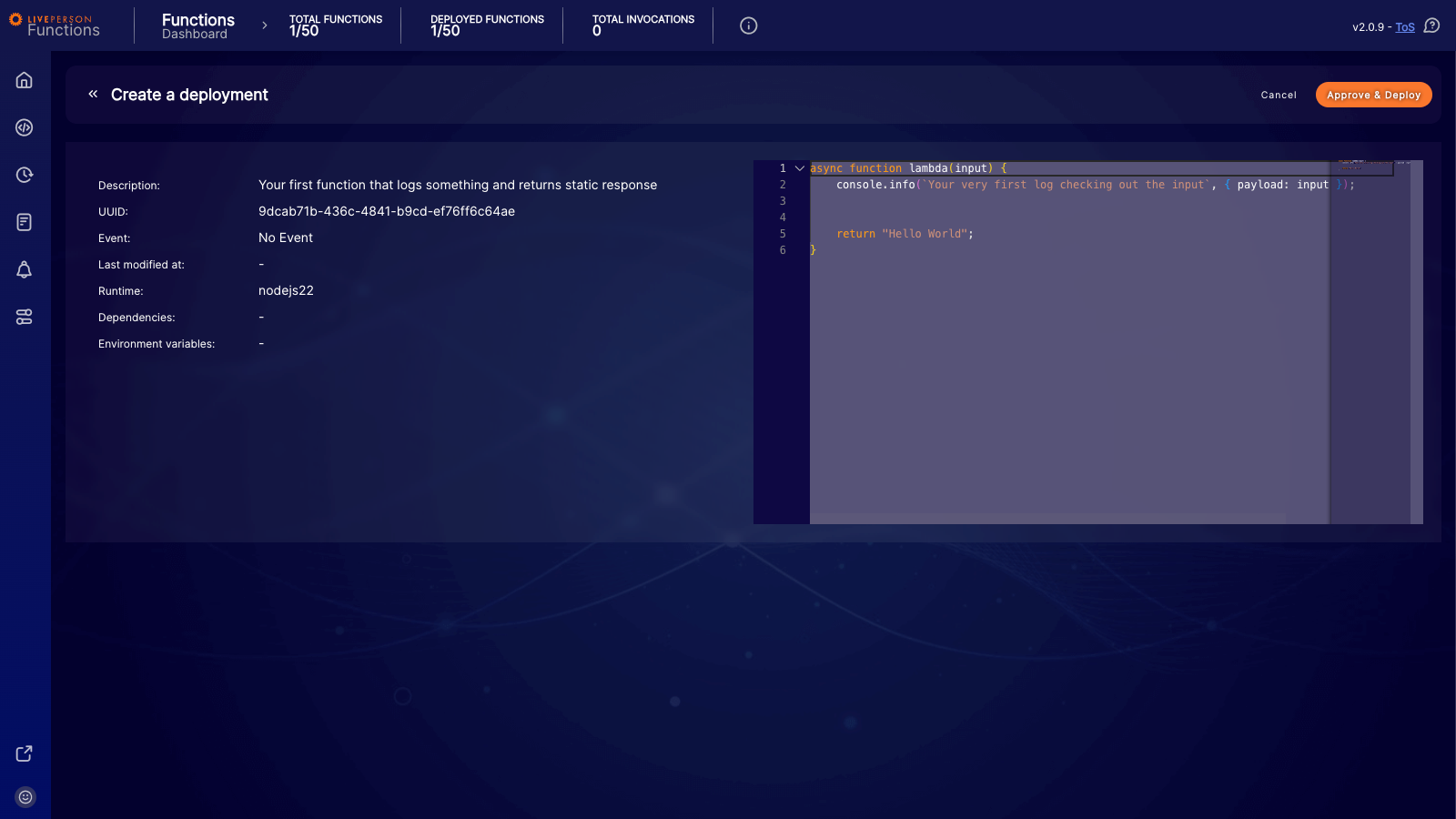 Functions: Deployment review screen showing code and configuration
