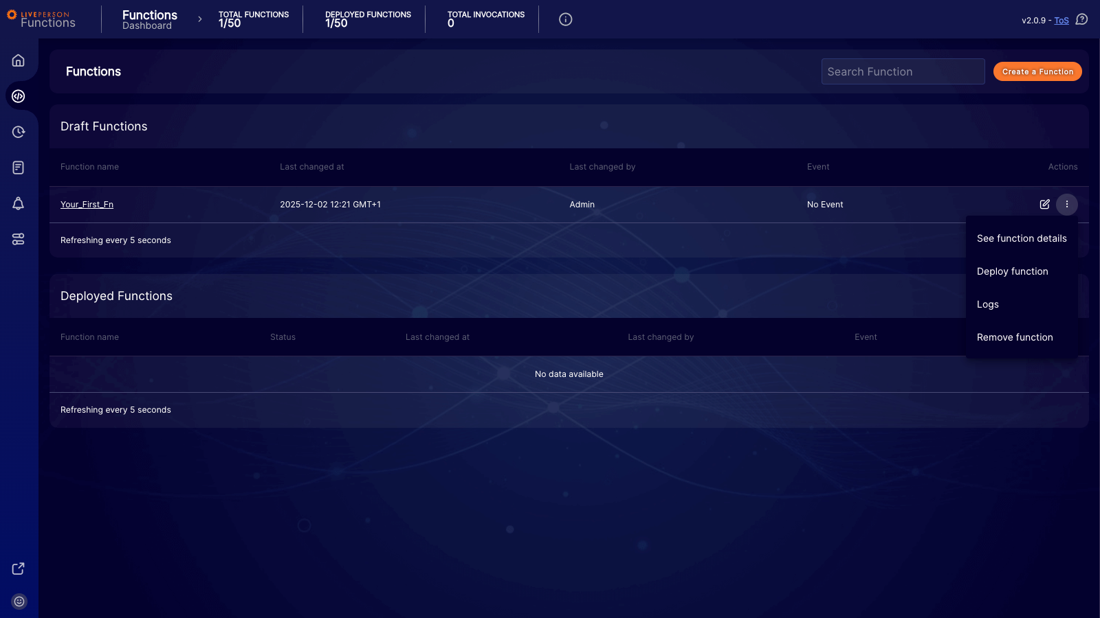 Functions: Context menu in draft list with Deploy function selected