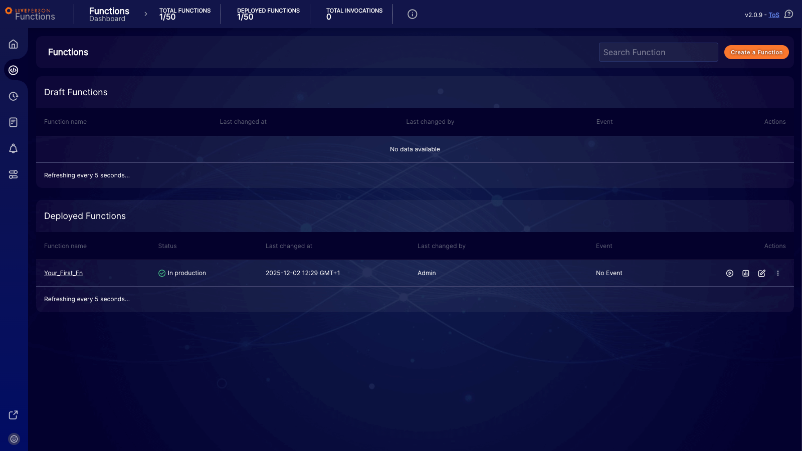 Functions: Dashboard list showing the function status as In production
