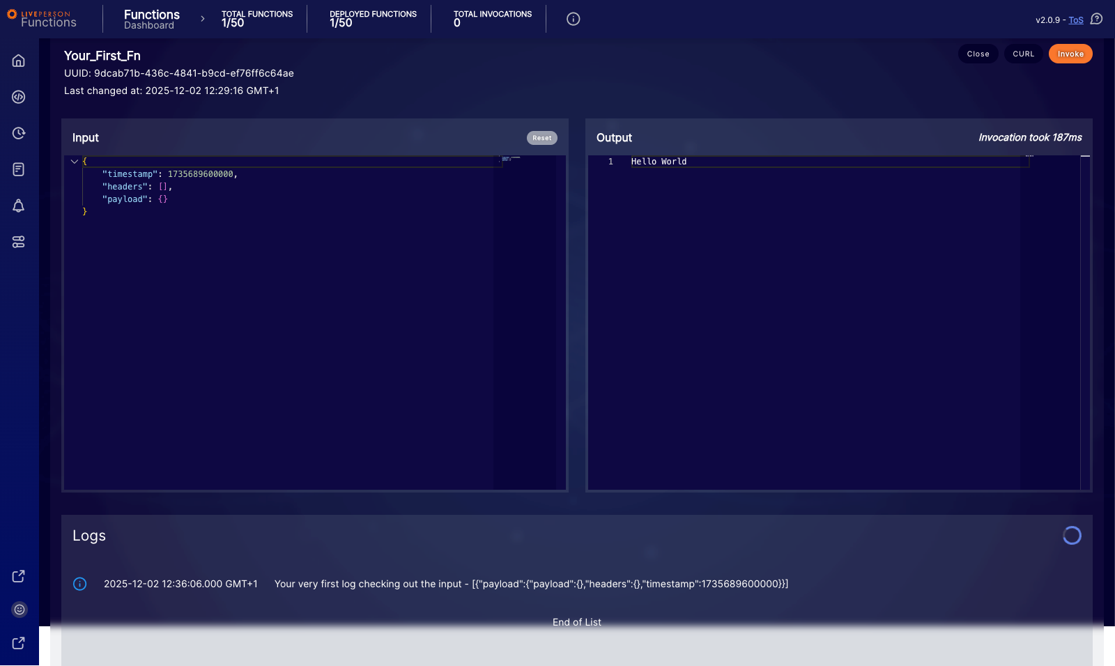 Functions: The test invocation client interface with input, output, and logs