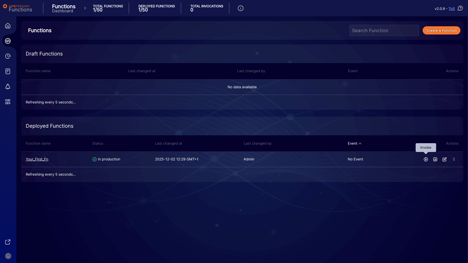 Functions: Dashboard showing the invoke button for a deployed function