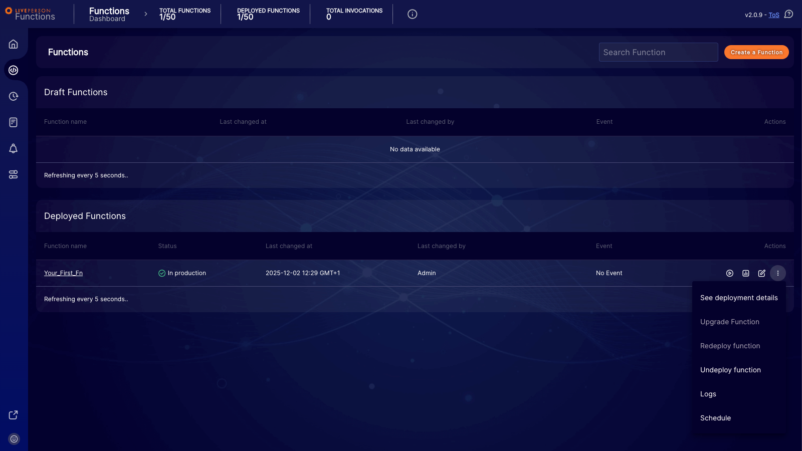 Functions: Selecting undeploy from the action menu