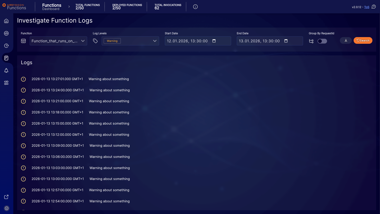 Investigate Function Logs - Filtered View