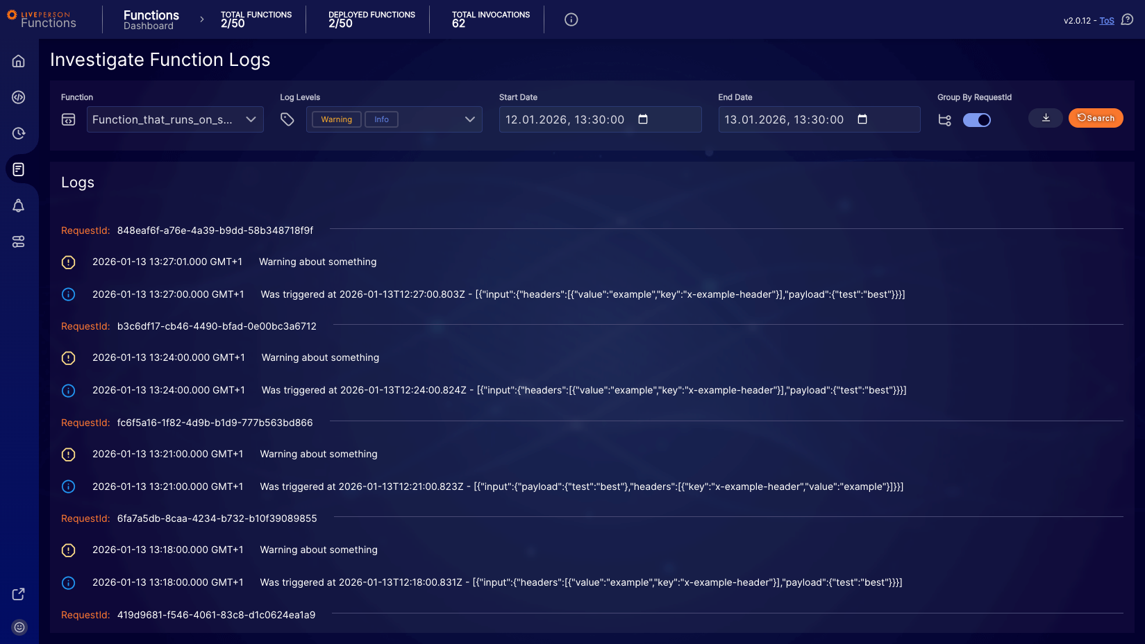 Investigate Function Logs - Grouped View