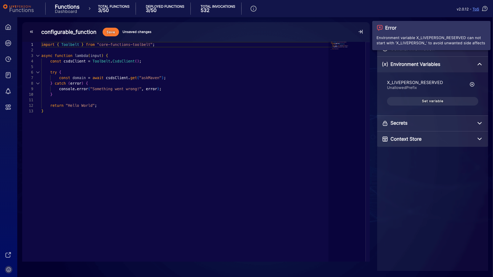 Functions: Reserved Environment Variable Warning