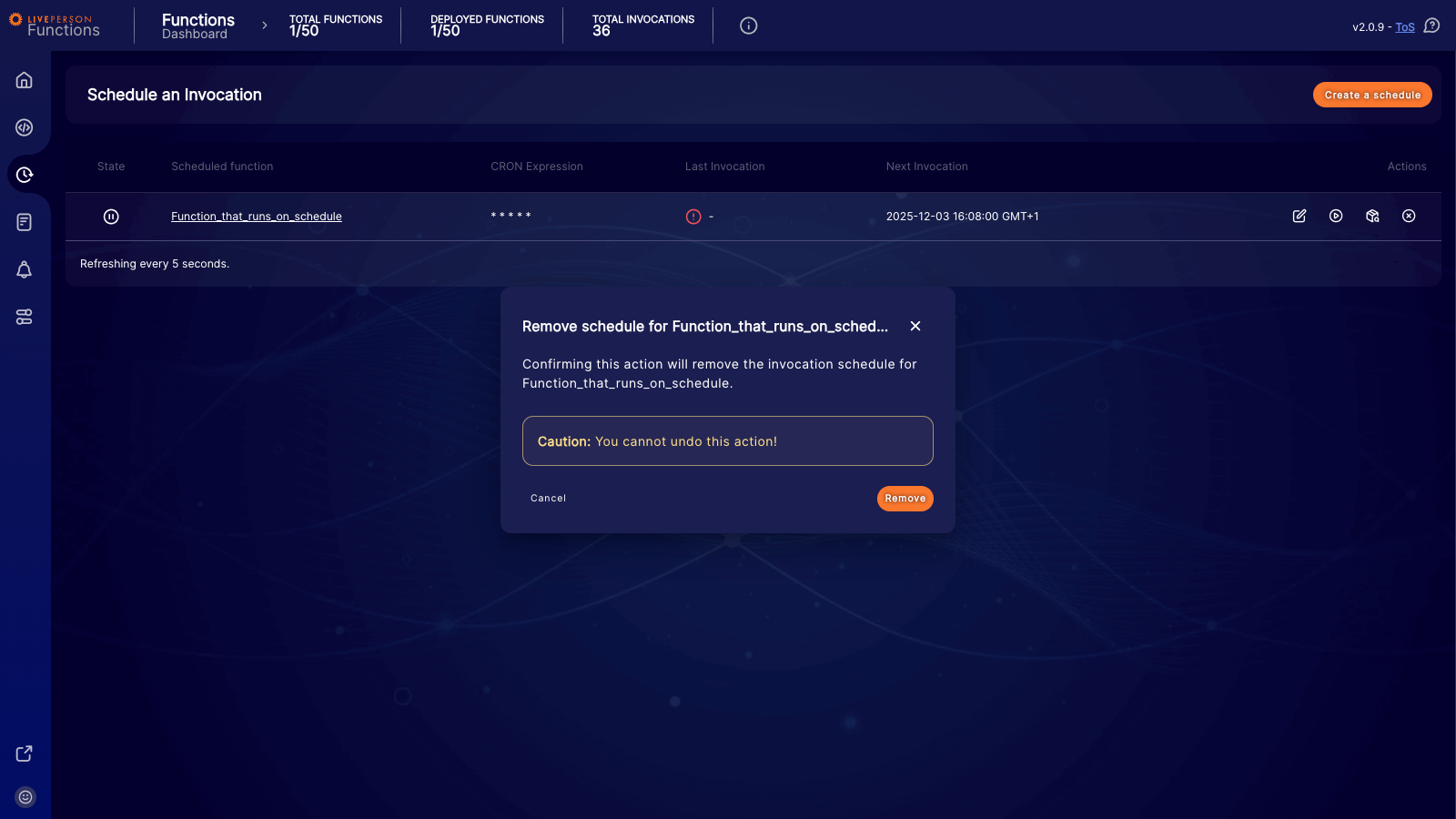 Functions: Modal confirming schedule deletion