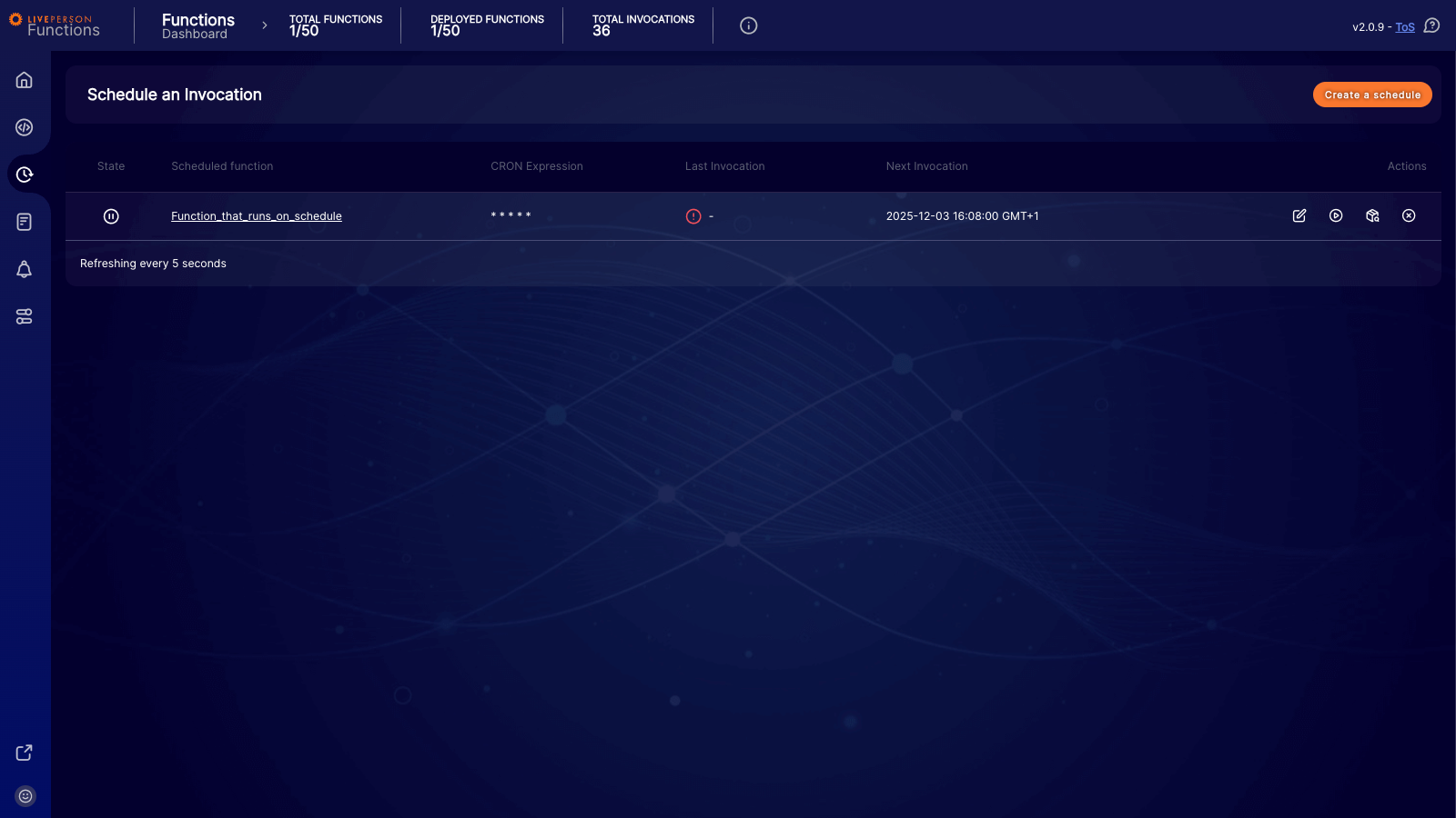 Functions: Dashboard showing a paused schedule