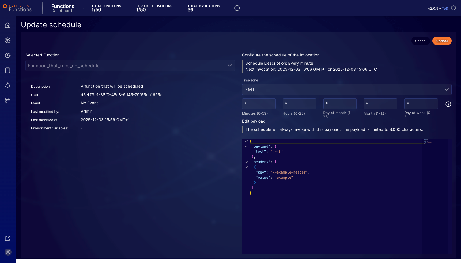 Functions: Updating an existing schedule