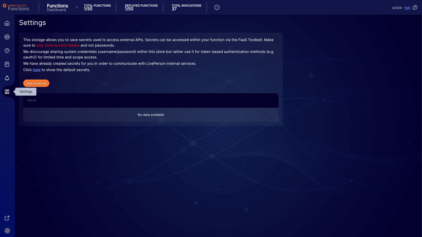Functions: The settings tab showing the secrets management interface