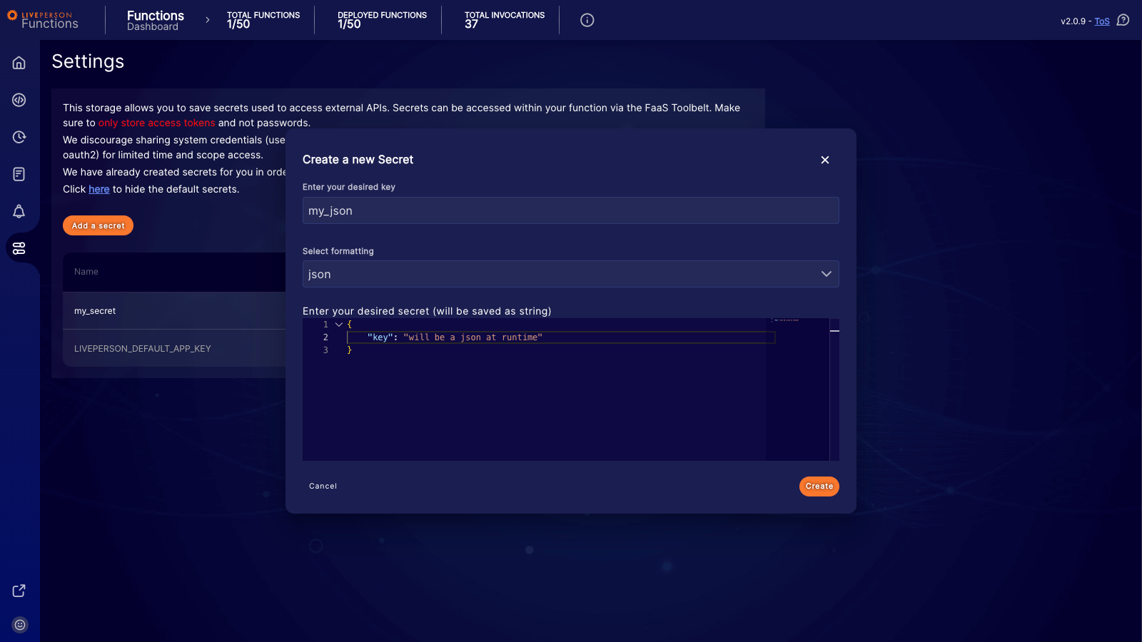 Functions: Creating a secret with JSON formatting