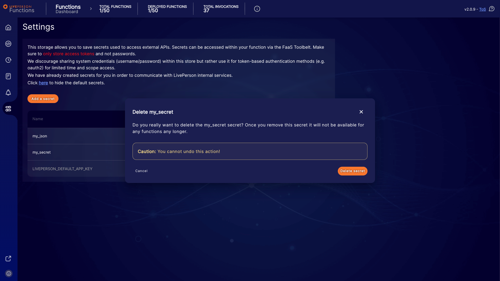 Functions: The confirmation modal for deleting a secret