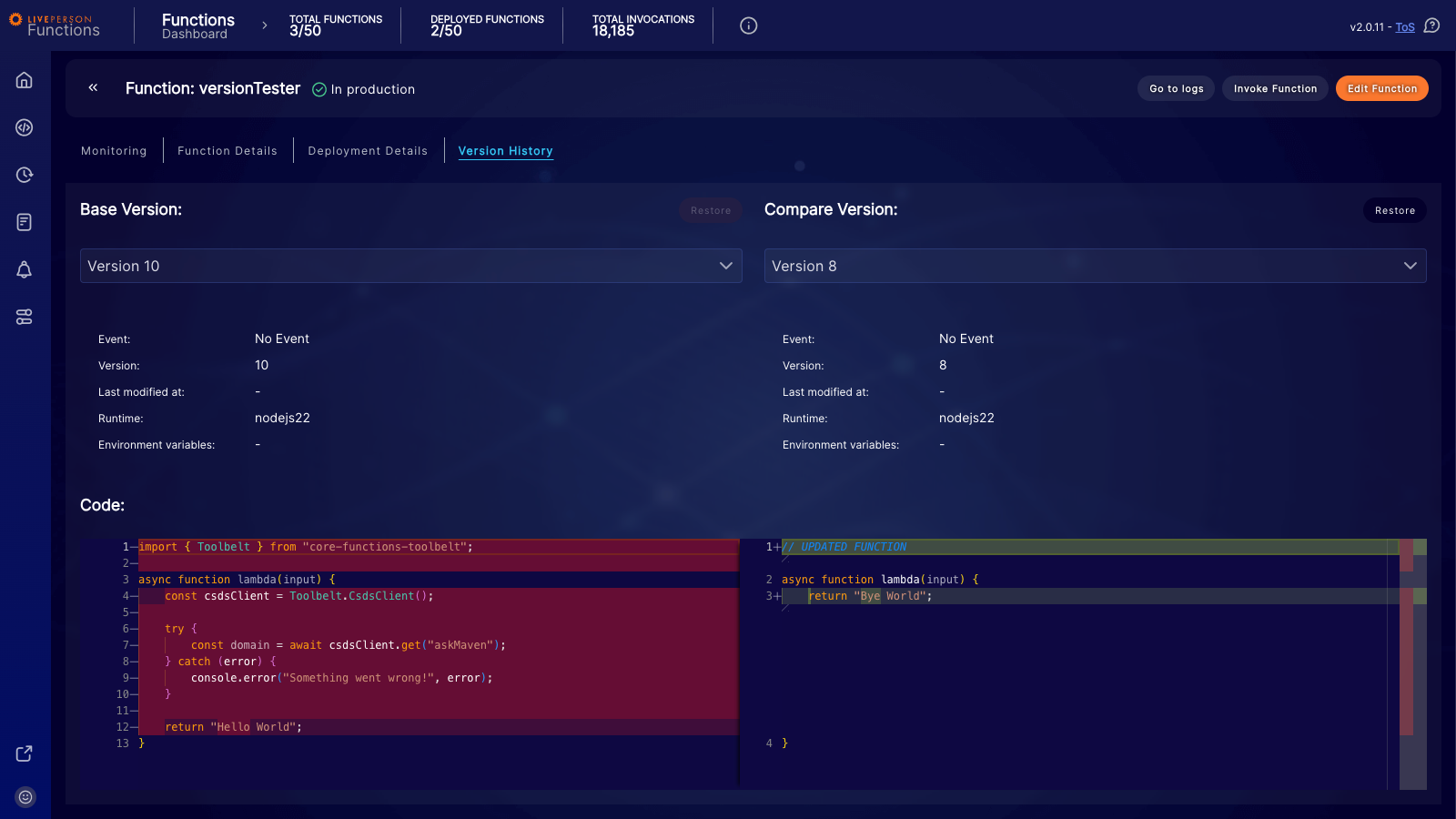 Functions: version comparator changes