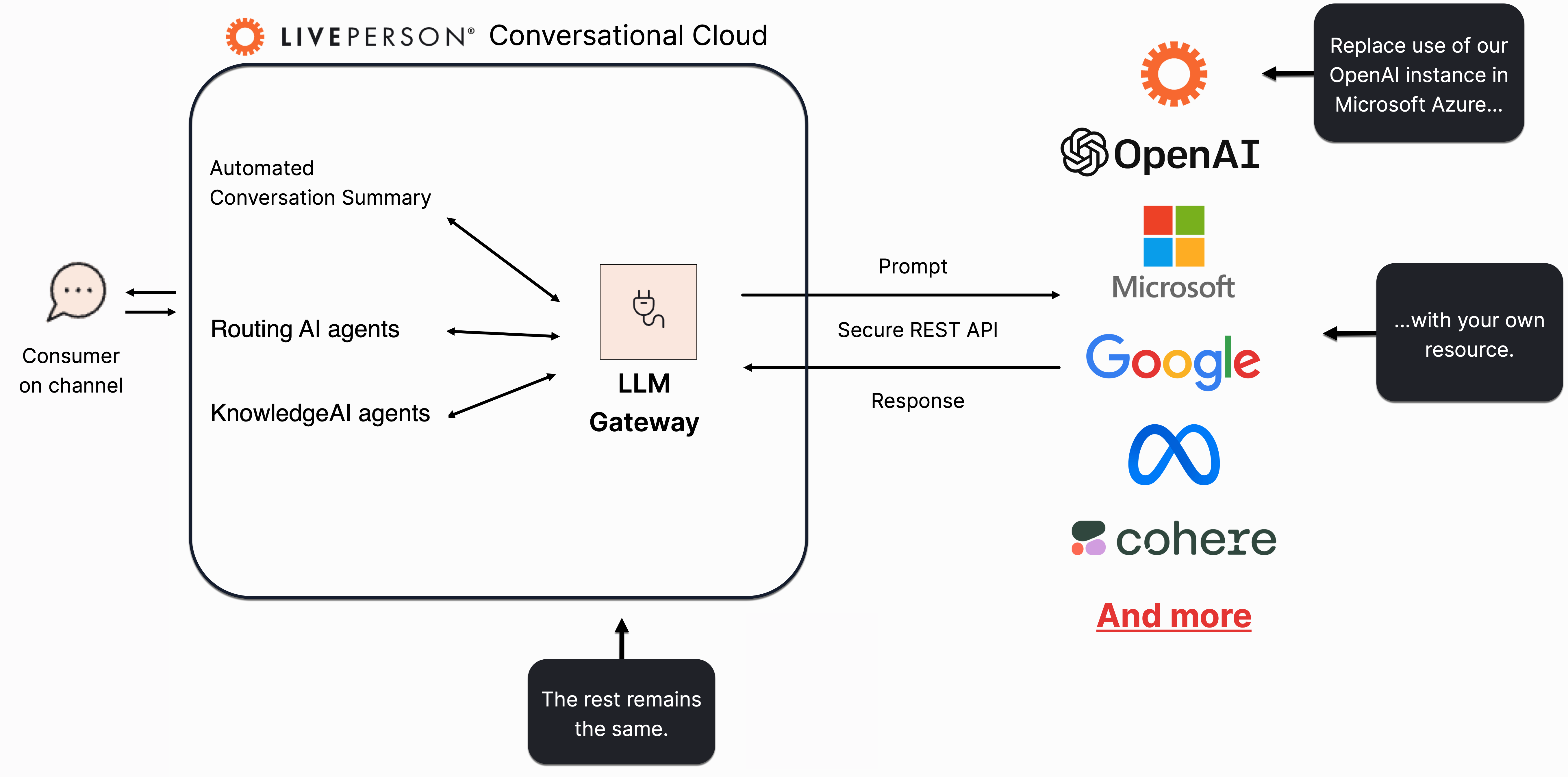 A diagram illustrating how the brand can use their own LLM and the erst of the Conversational AI solution remains the same; just replace our LLM with your own resource