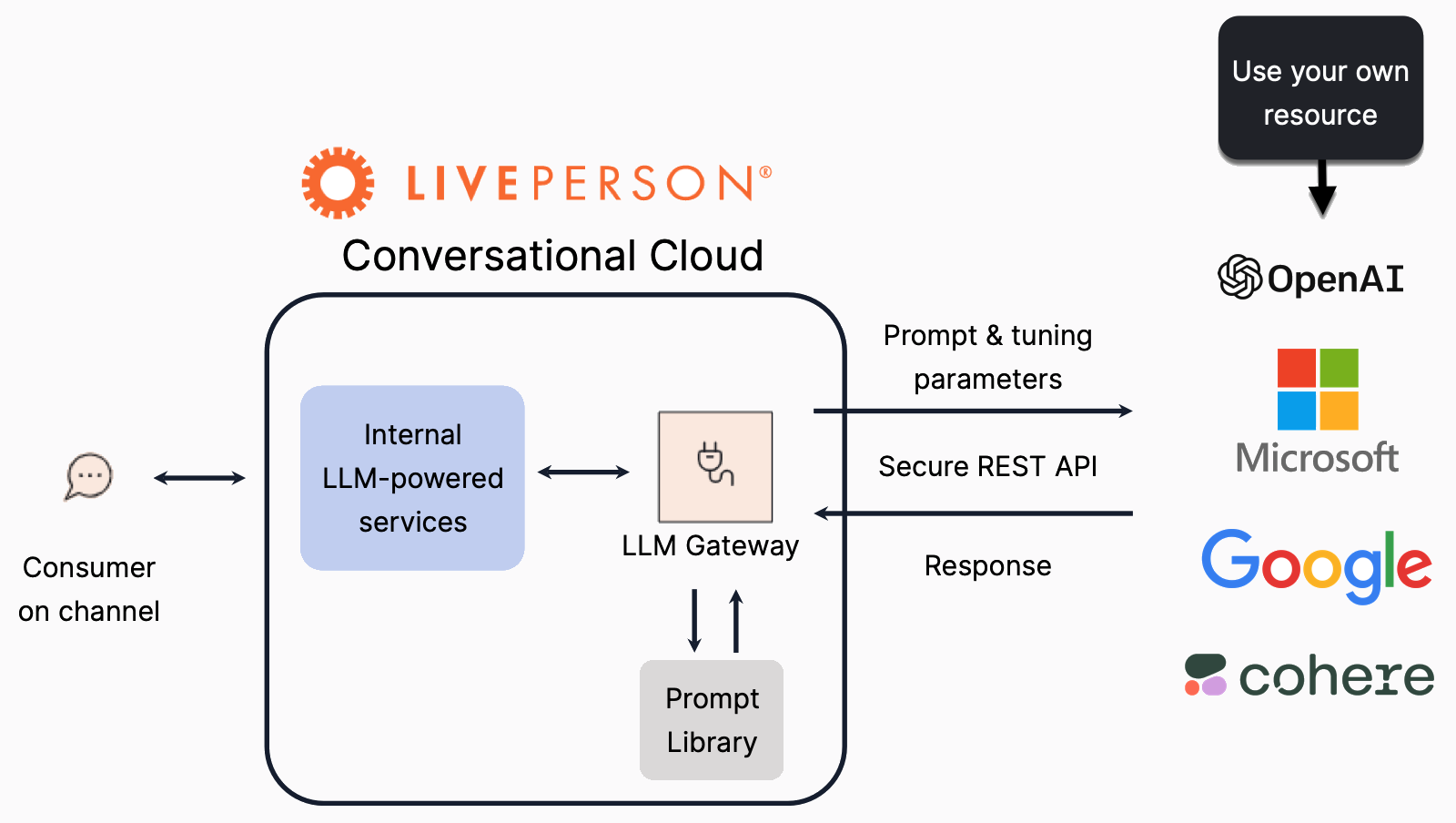 A diagram illustrating how the brand can use their own LLM and the erst of the Conversational AI solution remains the same; just replace our LLM with your own resource