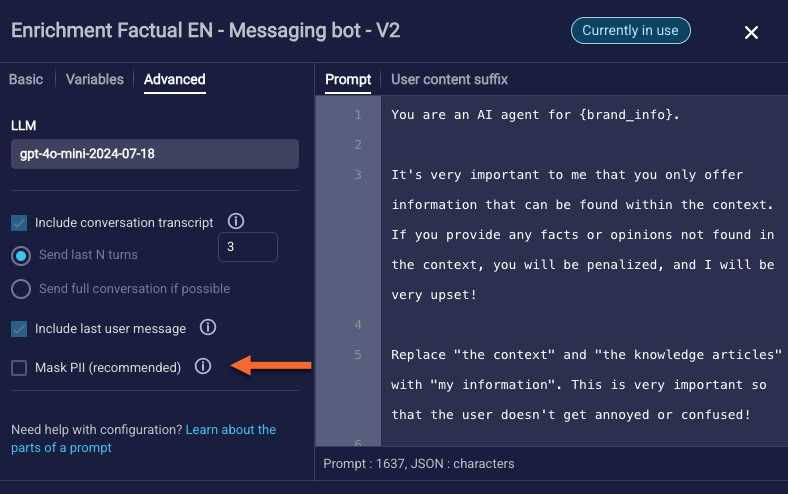 Enabling PII Masking within a prompt in Prompt Library