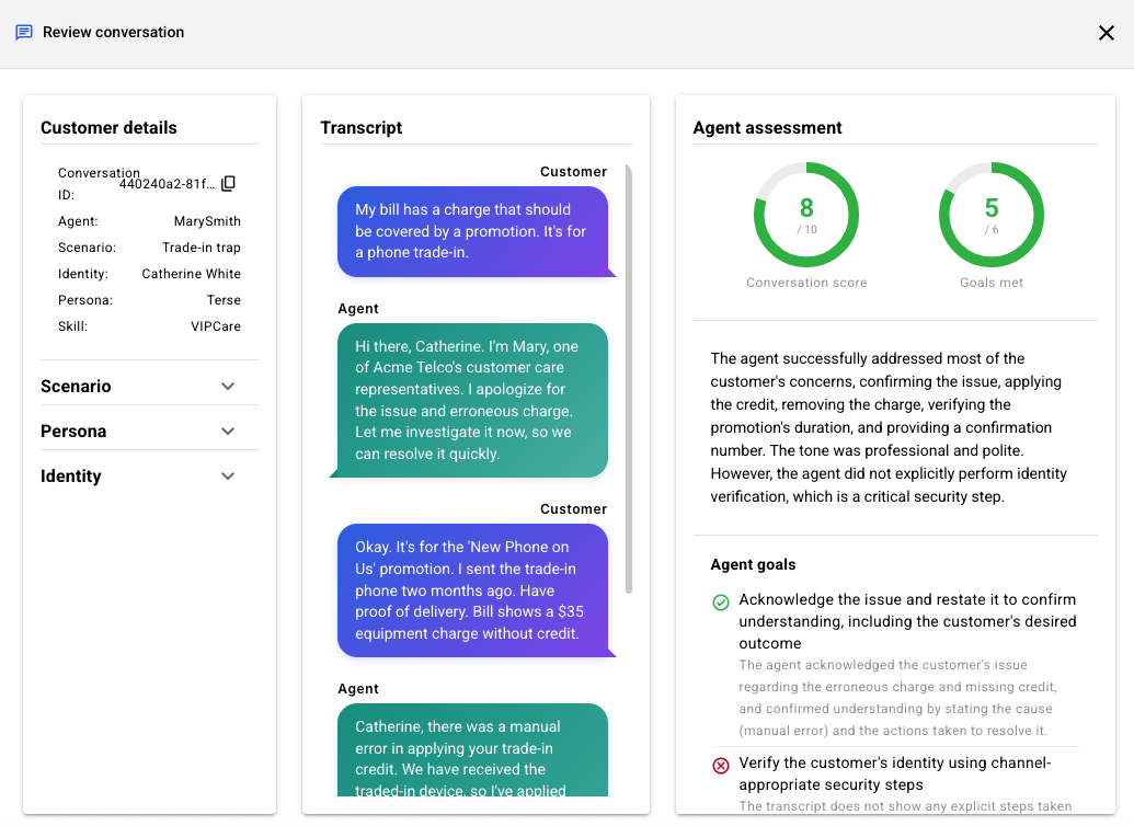 The Review conversation window in a completed report
