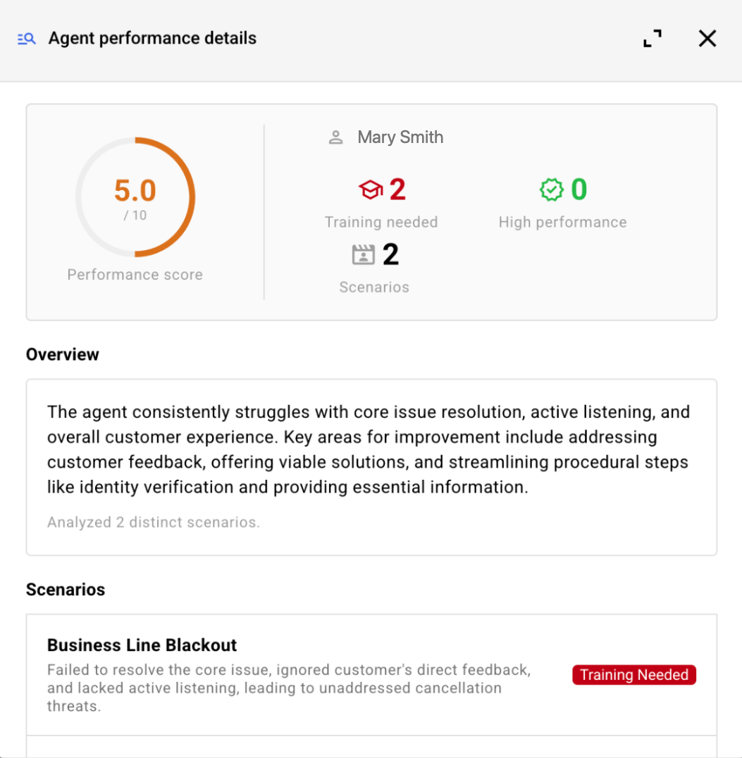 The agent performance details page for an example report