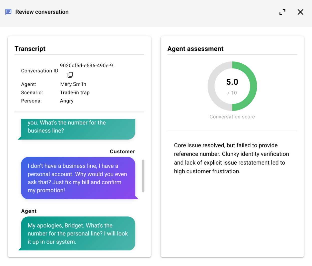The Review conversation window of a report, where the user can view the transcript and assessment side by side