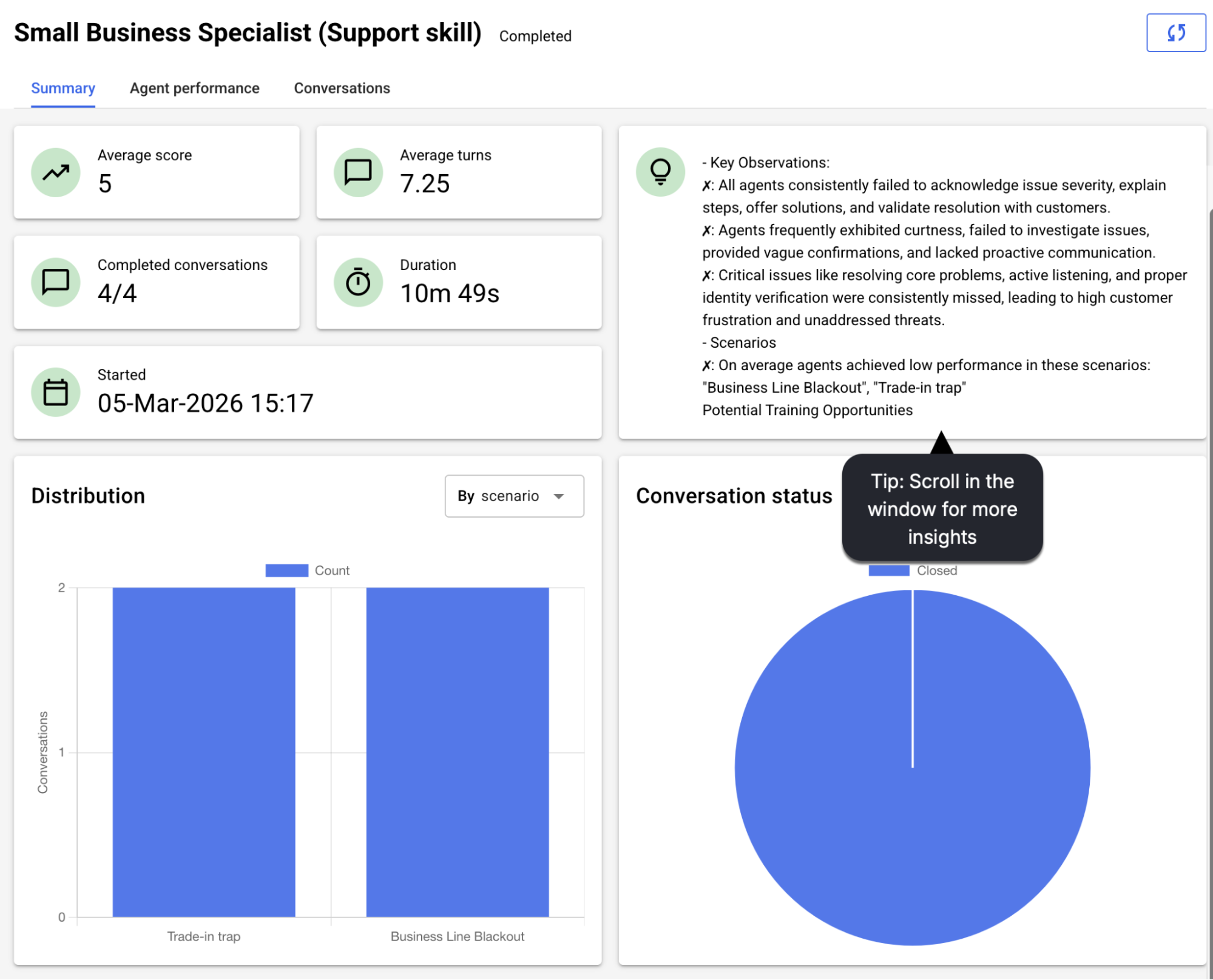 The summary page of a report for a completed simulation
