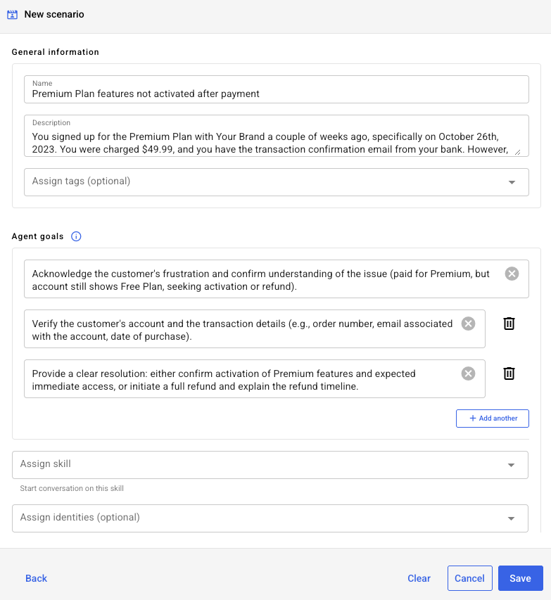The new scenario form with details populated