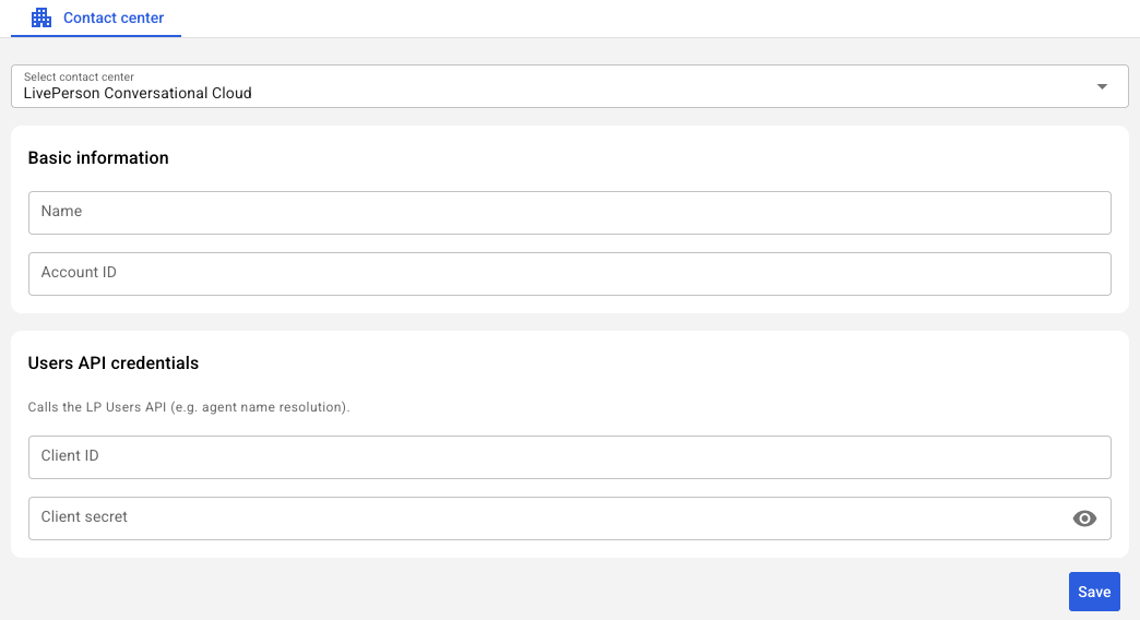 The form to complete in Syntrix to add Conversational Cloud as a contact center