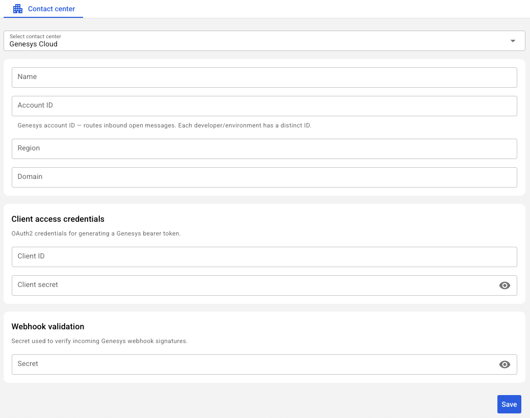 The form to complete in Syntrix to add Genesys Cloud as a contact center