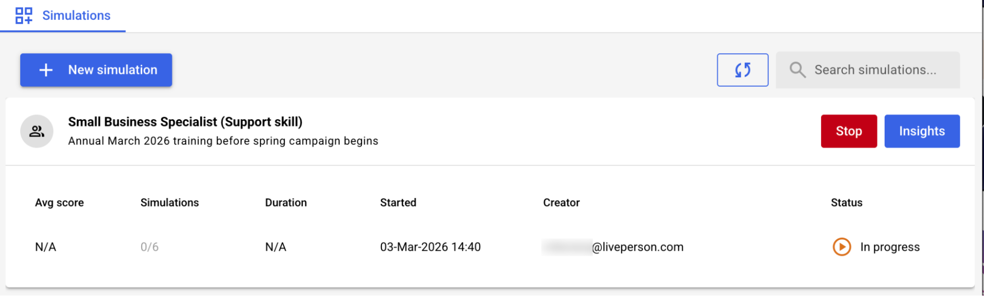 The simulations list, showing one simulation that's in progress