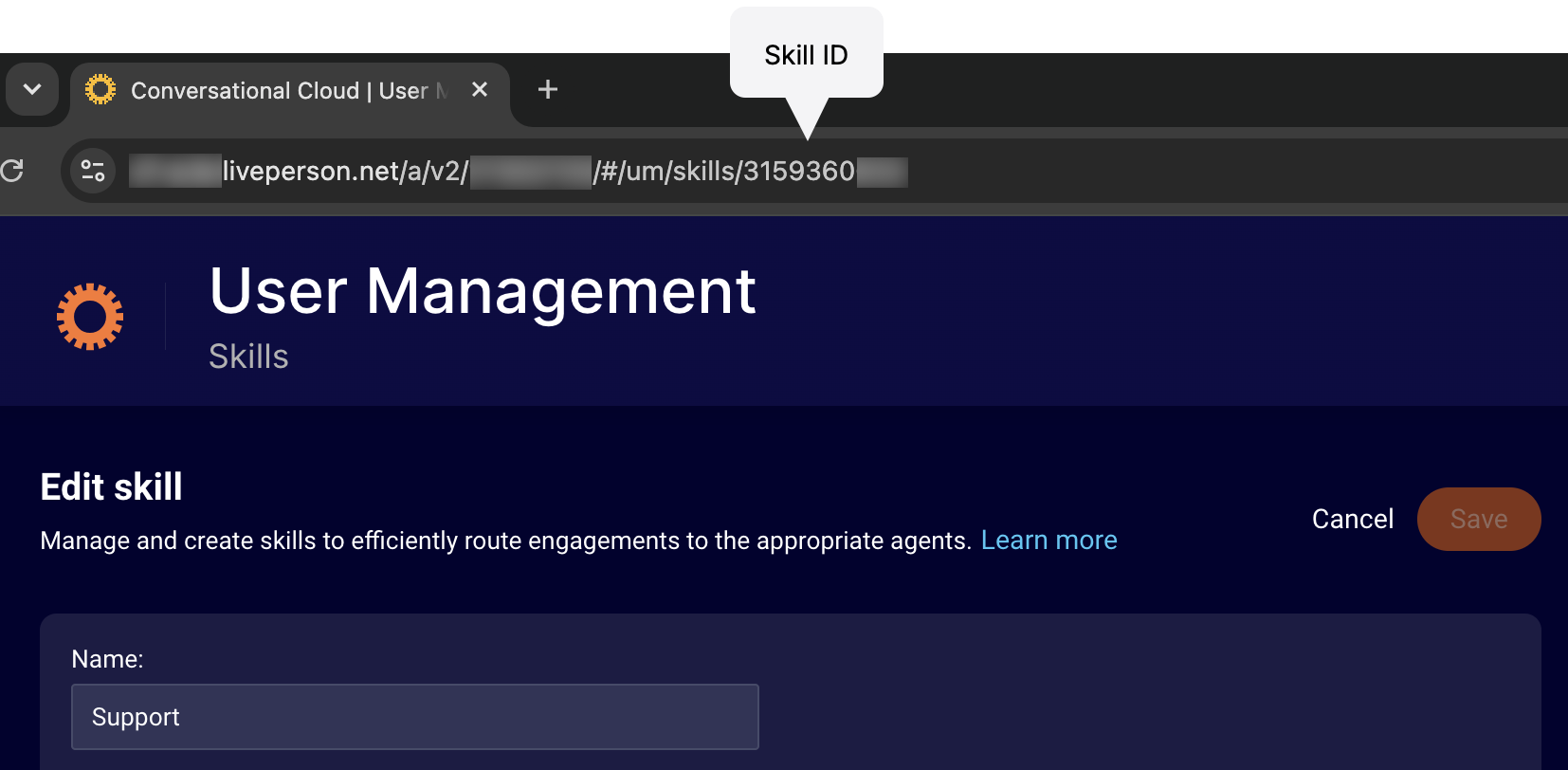 A skill that's opened for editing, with a callout to the skill's ID that's a part of the URL for the page
